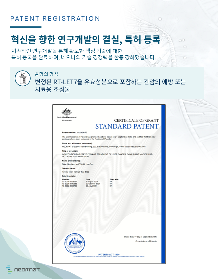 변형된 RT-LET7을 유효성분으로 포함하는 간암의 예방 또는 치료용 조성물, 호주특허(등록번호: 2022324176)